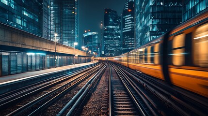 Fast train in London city at night. Concept of urban transportation and modern lifestyle.