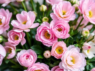 Fototapeta premium Close-up of delicate pink and white ranunculus flowers, pink, botany, elegant