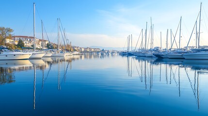 Obraz premium Luxury yachts in a calm harbor at sunrise. Concept of travel, leisure, and relaxation.