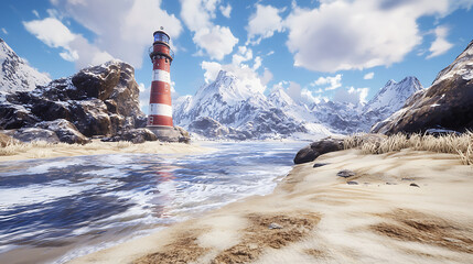 stunning lighthouse stands by serene beach, surrounded by majestic mountains and calm river