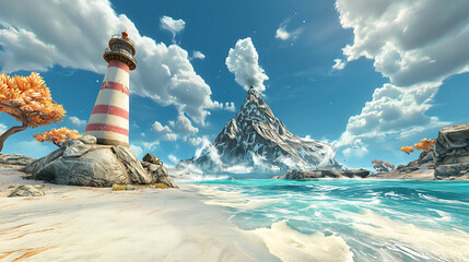stunning lighthouse stands on sandy beach, with majestic mountain in background and vibrant clouds above, creating serene coastal scene