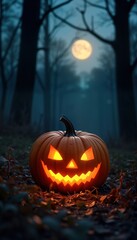 Obraz premium Spooky jack-o-lantern in dark forest at night. Halloween pumpkin carved with scary face glows with light. Mysterious autumn scene under moonlight. Scary decoration under full moon. Halloween holiday