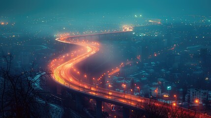 Obraz premium A winding road illuminated by lights, surrounded by a foggy urban landscape at dusk.