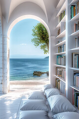 Fototapeta premium Modern Minimalist Chic Greek Luxury Bibliotheque with Sea Views