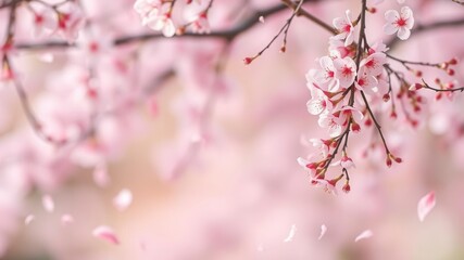 Obraz premium Pink sakura petals falling on a blurred background, Japanese, background, falling