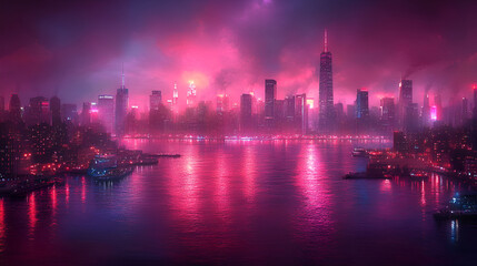 Fototapeta premium Pink Neon Cityscape Reflecting on Water at Night