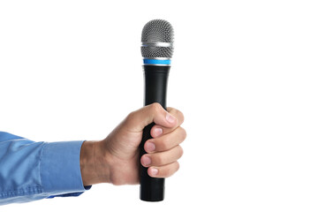 Man with microphone on white background, closeup