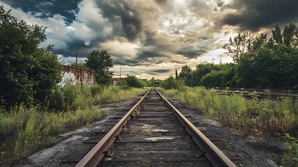 Obraz premium Abandoned Train Tracks Through Nature. Concept of Decay, Solitude, and History.