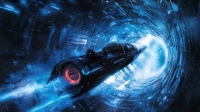 Futuristic hyperloop traveling through vibrant, glowing tunnel of light