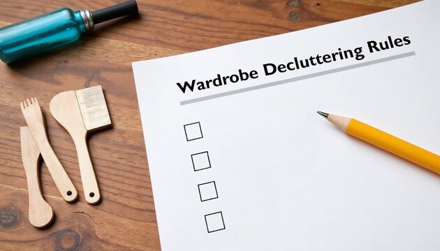 Checklist with "Wardrobe Decluttering Rules" background for effective decluttering guidance