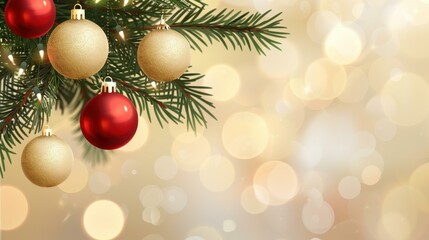 A beautiful Christmas tree branch adorned with red and gold baubles, set against a backdrop of soft, blurred lights.