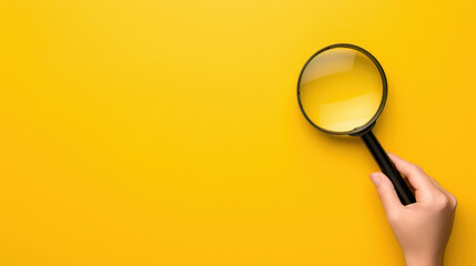 A hand grips a magnifier on a vibrant yellow backdrop, symbolizing detailed searches and thorough investigations.
