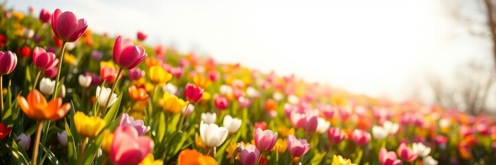 Vibrant yellow daffodil flowers blooming in a lush green field under a clear blue sky, spring, outdoor