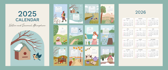 Calendar 2025 with hand drawn illistrations inspired by nature and seasons. Week start from Sunday. Set of 12 months, cover and one sheet of the year. Template for A4 A3 A5 size