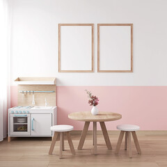 Baby Room Mockup,Wall Frame mockup in the children's room, Frame Mockup, Set of 2 Frames, Poster Mockups, Nursery Interior, boho, scandinavian, eco style,3d rendering, 3d illustration