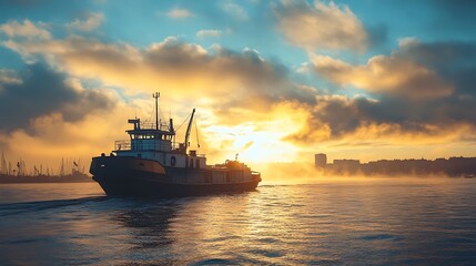 Tugboat at Sunrise.  Shipping, Transportation, Maritime.