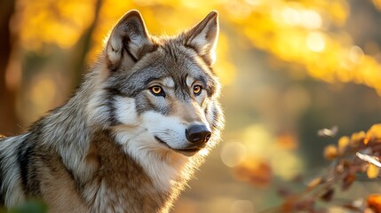 Naklejka premium Majestic Wolf in Autumn Sunlight. Wildlife, Nature, Animal Portrait.