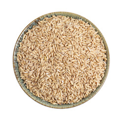 Oat grains in bowl isolated on white, top view