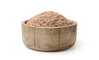 Buckwheat bran in wooden bowl isolated on white