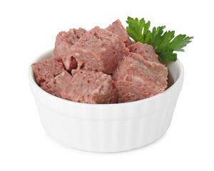 Canned meat with fresh parsley in bowl isolated on white