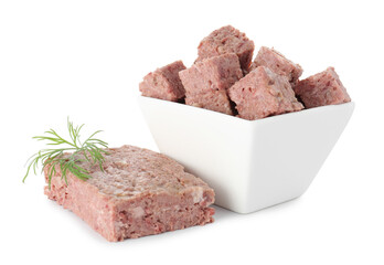 Canned meat with fresh dill isolated on white