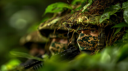 Dramatic image of soldiers camouflaged in dense foliage, showcasing stealth and focus