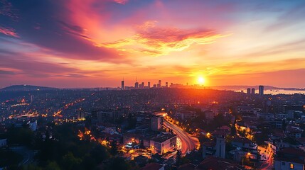 Obraz premium Sunrise over Istanbul Cityscape. Urban sunrise, city lights, colorful sky.