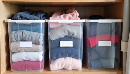 Neatly packed out-of-season clothes in transparent plastic bins  on a shelf in an organized storage room
