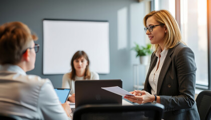 Fototapeta premium Collaborative Minds A Dynamic Office Meeting with Ideas Flowing, Brightened by Natural Light and Elegant Simplicity.