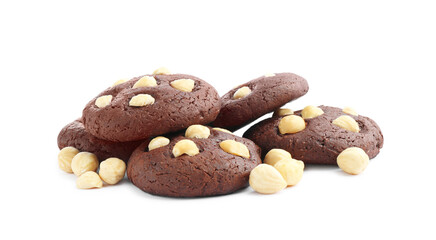 Tasty chocolate cookies with hazelnuts isolated on white