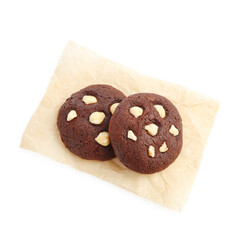 Tasty chocolate cookies with hazelnuts isolated on white, top view