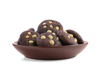 Tasty chocolate cookies with hazelnuts in bowl isolated on white