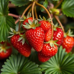 Vibrant Essence of Summer A Lush Cluster of Ripe Red Strawberries Nestled Amongst Fresh Green Leaves.
