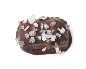 Tasty chocolate candy with salt isolated on white, top view