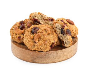 Delicious oatmeal cookies with dried cranberries and nuts isolated on white