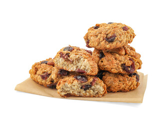 Delicious oatmeal cookies with dried cranberries and nuts isolated on white