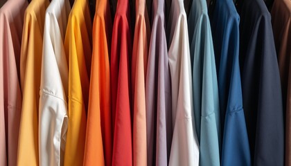 Color-coordinated wardrobe, visually appealing, organized by shades, on a solid background
