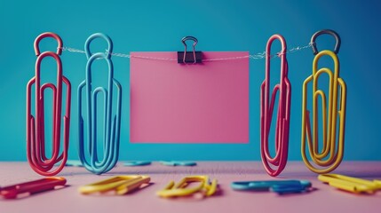 Colorful paper clips holding a pink note against a vibrant background.
