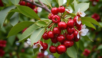 Obraz premium Sweet Abundance A Vibrant Cluster of Juicy Red Cherries Nestled Among Lush Green Leaves and Delicate White Blossoms.