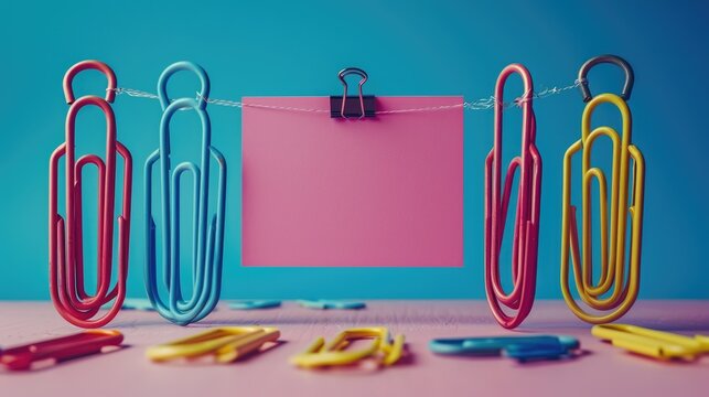 Colorful paper clips holding a pink note against a vibrant background.