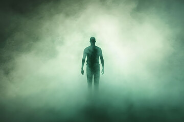 Surreal figure emerging from misty fog, evoking a dreamlike and tranquil atmosphere in a surreal world