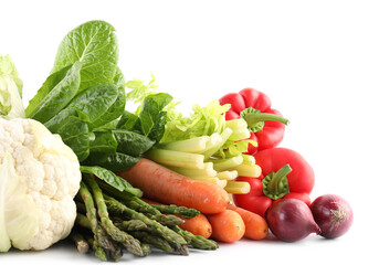 Many different ripe vegetables isolated on white