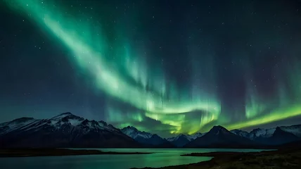 Fototapete Rund A dramatic image of auroras in green hue dancing across a sky full of stars, with dark mountains providing a striking contrast in the foreground. © Jerker
