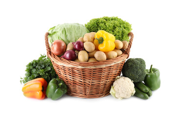 Different ripe vegetables in wicker basket isolated on white