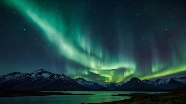 A dramatic image of auroras in green hue dancing across a sky full of stars, with dark mountains providing a striking contrast in the foreground. - Powered by Adobe