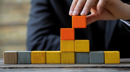 Businessman assembling digital blocks to create a structure symbolizing growth and development