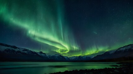 A dramatic image of auroras in green hue dancing across a sky full of stars, with dark mountains providing a striking contrast in the foreground.