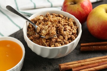 Delicious apple crisp in bowl, cinnamon sticks, fresh fruits and honey on grey table, closeup