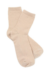 Pair of soft socks isolated on white, top view
