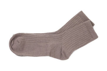 Pair of soft socks isolated on white, top view